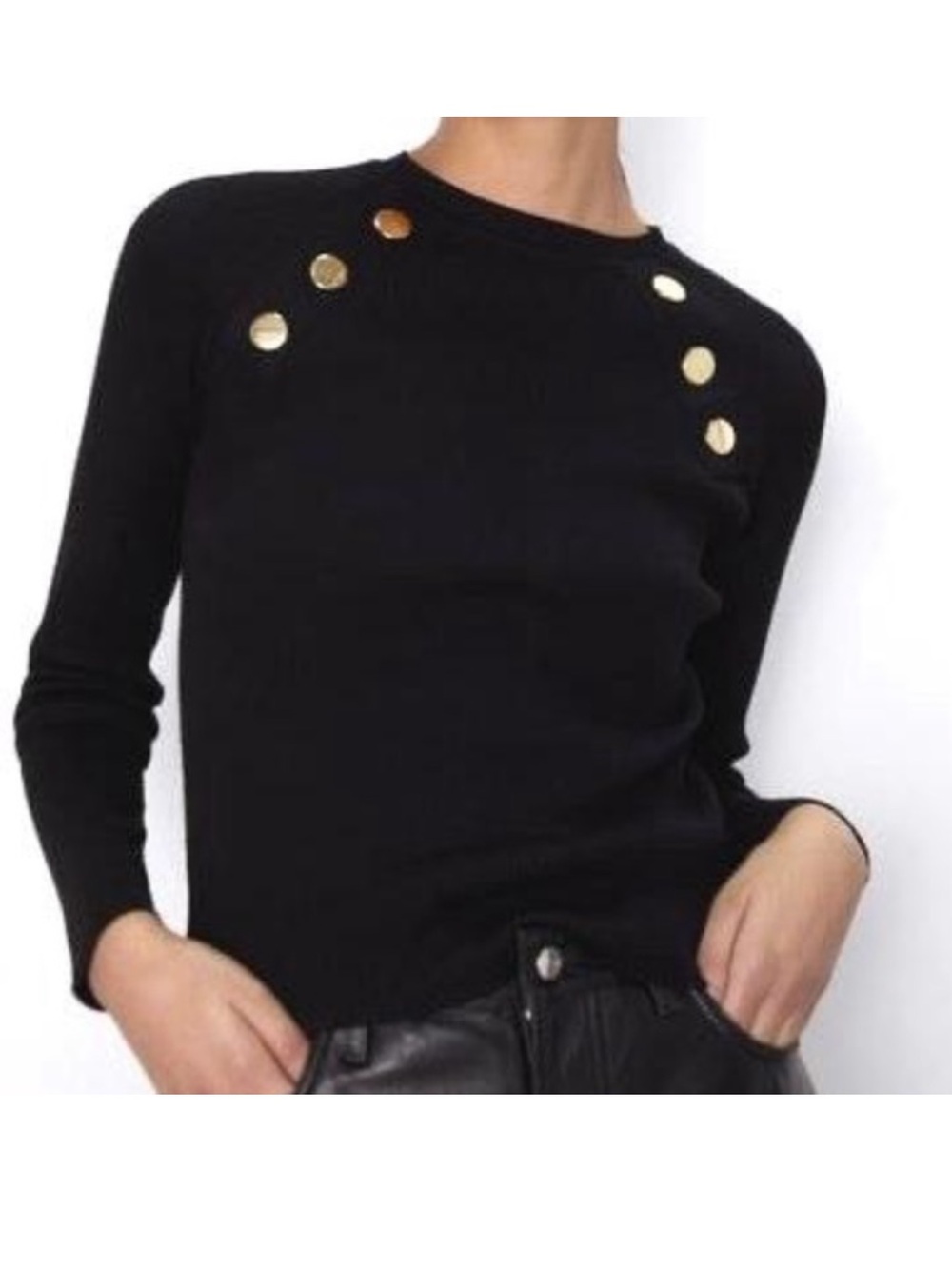 Zara Black Ribbed Knit Sweater with Gold Buttons